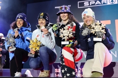 SAALBACH, AUSTRIA, 06.FEB.25 - ALPINE SKIING - SUPER G, LADIES, MEDAL PLAZA, SIEGEREHRUNG. - FIS ALPINE WORLD SKI CHAMPIONSHIPS SAALBACH 2025
IMAGE  SHOWS : Federica Brignone (ITA), Stephanie Venier (AUT), Lauren Macuga (USA) and Kajsa Vickhoff Lie (NOR).
PHOTO: SMP/WINTER
