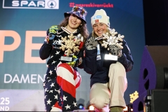 SAALBACH, AUSTRIA, 06.FEB.25 - ALPINE SKIING - SUPER G, LADIES, MEDAL PLAZA, SIEGEREHRUNG. - FIS ALPINE WORLD SKI CHAMPIONSHIPS SAALBACH 2025
IMAGE  SHOWS : Lauren Macuga (USA) and Kajsa Vickhoff Lie (NOR).
PHOTO: SMP/WINTER