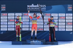 SAALBACH, AUSTRIA, 07.FEB.25 - ALPINE SKIING - FLOWERS CEREMONY IM SUPER G HERREN- FIS ALPINE WORLD SKI CHAMPIONSHIPS SAALBACH 2025
IMAGE  SHOWS : Raphael Haaser (AUT), Marco Odermatt (SUI), Adrian Smiseth Sejersted (NOR),
PHOTO: SMP/WINTER