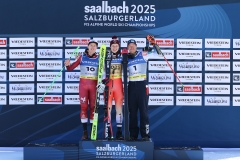 SAALBACH, AUSTRIA, 07.FEB.25 - ALPINE SKIING - FLOWERS CEREMONY IM SUPER G HERREN- FIS ALPINE WORLD SKI CHAMPIONSHIPS SAALBACH 2025
IMAGE  SHOWS : Raphael Haaser (AUT), Marco Odermatt (SUI), Adrian Smiseth Sejersted (NOR),
PHOTO: SMP/WINTER