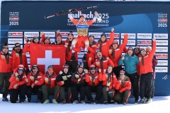 SAALBACH, AUSTRIA, 07.FEB.25 - ALPINE SKIING - FLOWERS CEREMONY IM SUPER G HERREN- FIS ALPINE WORLD SKI CHAMPIONSHIPS SAALBACH 2025
IMAGE  SHOWS : TEAM SCHWEITZ,Marco Odermatt (SUI),
PHOTO: SMP/WINTER