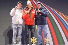 SAALBACH, AUSTRIA, 07.FEB.25 - ALPINE SKIING - SUPER G, HERREN, MEDAL PLAZA, SIEGEREHRUNG. - FIS ALPINE WORLD SKI CHAMPIONSHIPS SAALBACH 2025
IMAGE  SHOWS : Raphael Haaser (AUT), Marco Odermatt (SUI), Adrian Smiseth Sejersted (NOR),
PHOTO: SMP/WINTER