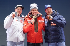 SAALBACH, AUSTRIA, 07.FEB.25 - ALPINE SKIING - SUPER G, HERREN, MEDAL PLAZA, SIEGEREHRUNG. - FIS ALPINE WORLD SKI CHAMPIONSHIPS SAALBACH 2025
IMAGE  SHOWS : Raphael Haaser (AUT), Marco Odermatt (SUI), Adrian Smiseth Sejersted (NOR),
PHOTO: SMP/WINTER