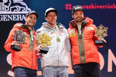 SAALBACH, AUSTRIA, 14.FEB.25 - ALPINE SKIING - RTL, MEN, MEDAL PLAZA, SIEGEREHRUNG. - FIS ALPINE WORLD SKI CHAMPIONSHIPS SAALBACH 2025
IMAGE  SHOWS : Thomas Tumler (SUI), Raphael Haaser (AUT), Loic Meillard (SUI).
PHOTO: SMP/WINTER