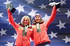 SAALBACH, AUSTRIA, 11.FEB.25 - ALPINE SKIING - TEAM COMBINED, LADIES, MEDAL PLAZA, SIEGEREHRUNG. - FIS ALPINE WORLD SKI CHAMPIONSHIPS SAALBACH 2025
IMAGE  SHOWS :  Lara Gut-Behrami and Wendy Holdener (SUI)
PHOTO: SMP/WINTER