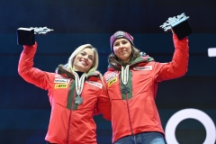SAALBACH, AUSTRIA, 11.FEB.25 - ALPINE SKIING - TEAM COMBINED, LADIES, MEDAL PLAZA, SIEGEREHRUNG. - FIS ALPINE WORLD SKI CHAMPIONSHIPS SAALBACH 2025
IMAGE  SHOWS :  Lara Gut-Behrami and Wendy Holdener (SUI)
PHOTO: SMP/WINTER