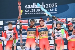 SAALBACH, AUSTRIA, 12. FEB.25 - ALPINE SKIING - FLOWERS CEREMONY IM TEAM COMBINED, MEN - FIS ALPINE WORLD SKI CHAMPIONSHIPS SAALBACH 2025
IMAGE  SHOWS : Franjo von Allmen and Loic Meillard (SUI),
PHOTO: SMP/WINTER