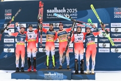 SAALBACH, AUSTRIA, 12. FEB.25 - ALPINE SKIING - FLOWERS CEREMONY IM TEAM COMBINED, MEN - FIS ALPINE WORLD SKI CHAMPIONSHIPS SAALBACH 2025
IMAGE  SHOWS : Alexis Monney, Tanguy Nef, Franjo von Allmen, Loic Meillard, Stefan Rogentin and Marc Rochat (SUI).
PHOTO: SMP/WINTER