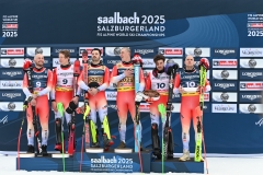 SAALBACH, AUSTRIA, 12. FEB.25 - ALPINE SKIING - FLOWERS CEREMONY IM TEAM COMBINED, MEN - FIS ALPINE WORLD SKI CHAMPIONSHIPS SAALBACH 2025
IMAGE  SHOWS : Alexis Monney, Tanguy Nef, Franjo von Allmen, Loic Meillard, Stefan Rogentin and Marc Rochat (SUI).
PHOTO: SMP/WINTER