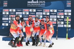 SAALBACH, AUSTRIA, 12. FEB.25 - ALPINE SKIING - FLOWERS CEREMONY IM TEAM COMBINED, MEN - FIS ALPINE WORLD SKI CHAMPIONSHIPS SAALBACH 2025
IMAGE  SHOWS : Alexis Monney, Tanguy Nef, Franjo von Allmen, Loic Meillard, Stefan Rogentin and Marc Rochat (SUI).
PHOTO: SMP/WINTER