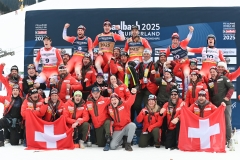 SAALBACH, AUSTRIA, 12. FEB.25 - ALPINE SKIING - FLOWERS CEREMONY IM TEAM COMBINED, MEN - FIS ALPINE WORLD SKI CHAMPIONSHIPS SAALBACH 2025
IMAGE  SHOWS : Alexis Monney, Tanguy Nef, Franjo von Allmen, Loic Meillard, Stefan Rogentin and Marc Rochat (SUI).
PHOTO: SMP/WINTER