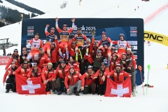 SAALBACH, AUSTRIA, 12. FEB.25 - ALPINE SKIING - FLOWERS CEREMONY IM TEAM COMBINED, MEN - FIS ALPINE WORLD SKI CHAMPIONSHIPS SAALBACH 2025
IMAGE  SHOWS : Alexis Monney, Tanguy Nef, Franjo von Allmen, Loic Meillard, Stefan Rogentin and Marc Rochat (SUI).
PHOTO: SMP/WINTER