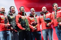 SAALBACH, AUSTRIA, 12.FEB.25 - ALPINE SKIING - TEAM COMBINED, MEN, MEDAL PLAZA, SIEGEREHRUNG. - FIS ALPINE WORLD SKI CHAMPIONSHIPS SAALBACH 2025
IMAGE  SHOWS : Alexis Monney, Tanguy Nef, Franjo von Allmen, Loic Meillard, Stefan Rogentin and Marc Rochat (SUI).
PHOTO: SMP/WINTER