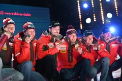 SAALBACH, AUSTRIA, 12.FEB.25 - ALPINE SKIING - TEAM COMBINED, MEN, MEDAL PLAZA, SIEGEREHRUNG. - FIS ALPINE WORLD SKI CHAMPIONSHIPS SAALBACH 2025
IMAGE  SHOWS : Alexis Monney, Tanguy Nef, Franjo von Allmen, Loic Meillard, Stefan Rogentin and Marc Rochat (SUI).
PHOTO: SMP/WINTER